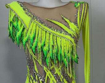 HANDMADE Dance Costume Customizable Jazz Solo Fun Neon Yellow Tassel Fully Rhinestoned Music Theater Costume/Rhythmic gymnastics Leotard