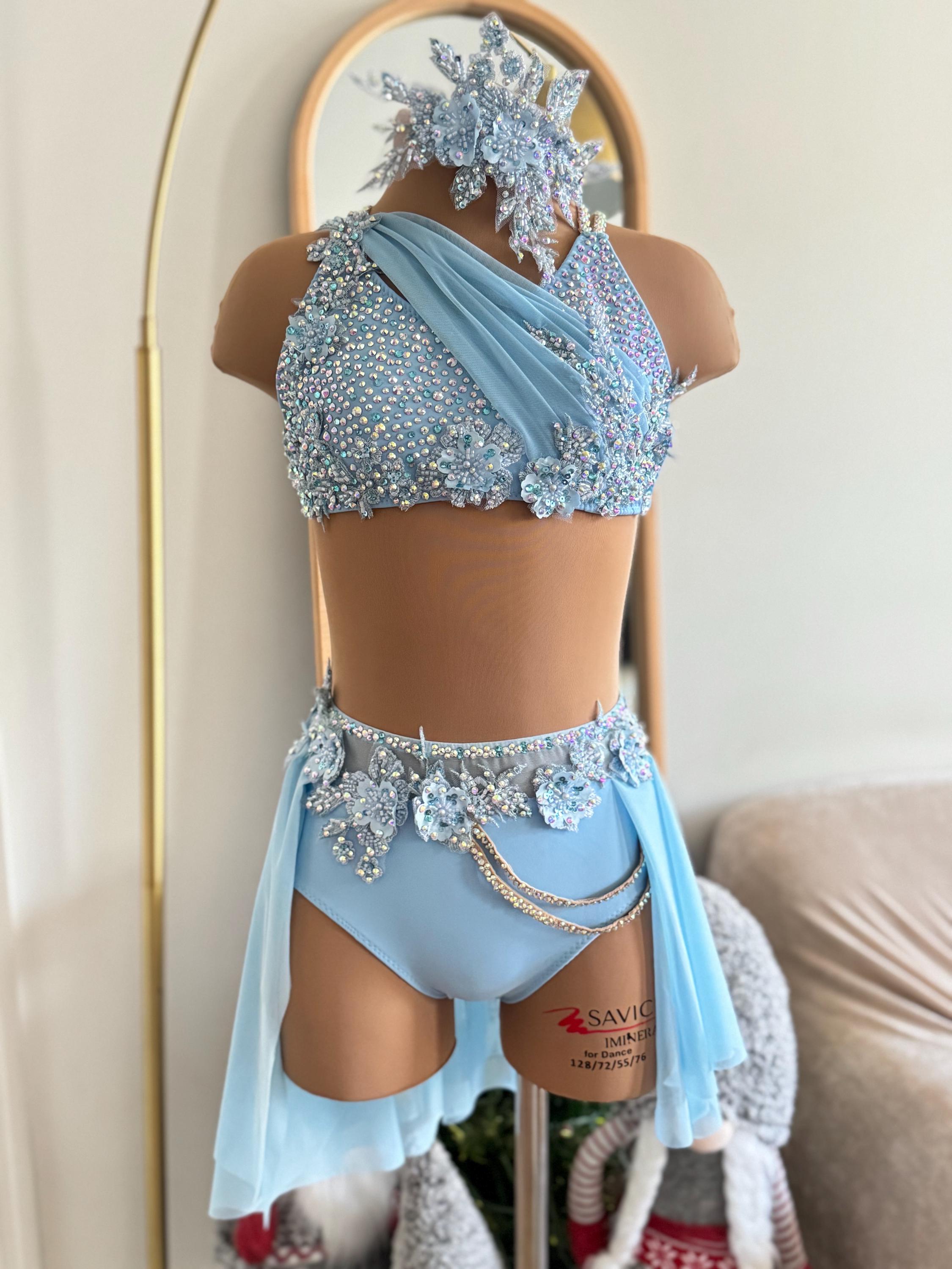 HANDMADE Dance Costume Customizable Lyrical Solo Costume Dress skirt in blue with Rhinestones