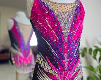 HANDMADE Dance Costume Customizable Jazz Solo Costume Fun and Cute Pink Fully Rhinestoned Music Theater Costume/Rhythmic gymnastics Leotard