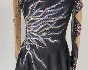 HANDMADE Figure Skating Customizable Solo Dress Costume black Fully Rhinestoned/Can be turned into a contemporary solo dress