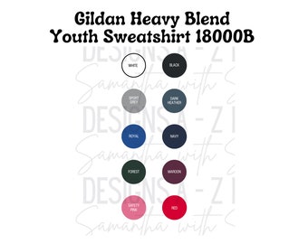 NEW 2024 Gildan Heavy Blend Youth Sweatshirt 18000B Color Chart, Printable, Digital, PNG