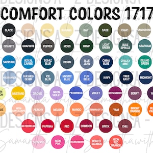 Op de afbeelding: Een kleurenkaart getiteld "COMFORT COLORS 1717" toont een verscheidenheid aan kleuren, elk gelabeld met een unieke naam. Het kleurenpalet omvat tinten wit, zwart, grijs, blauw, groen, roze, oranje en paars.