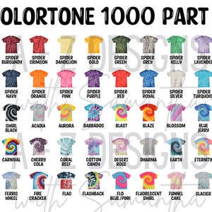 May include: A range of tie-dye t-shirts in diverse colours, such as blue, red, yellow, and green. Each shirt displays a unique spiral or swirl pattern. The text "COLORTONE 1000 PART 1" is at the top.