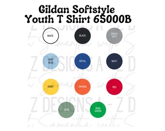 NEW 2024 Gildan Softstyle Youth T Shirt 65000B Color Chart, Printable, Digital, PNG