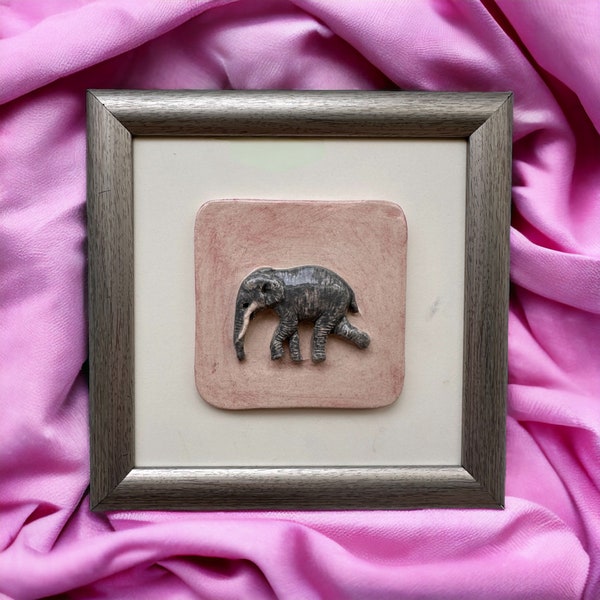 Gentle Giant in Pink - Framed Grey Elephant Ceramic Wall Art, Gentle Giant Ceramic Elephant Art in Soft Pink Frame