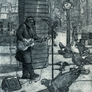 May include: A black and white illustration of a street musician playing an acoustic guitar with a microphone stand and an amplifier. Pigeons are gathered around the musician and the amplifier.