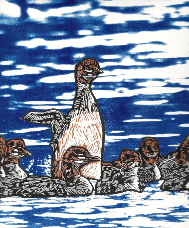 Mergansers Linocut and Cyanotype Print image 1