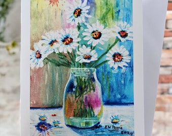 Un magnifique bouquet de marguerites disposées dans un beau vase. carte imprimée à partir d'une peinture acrylique. idéal comme cadeau pour un anniversaire