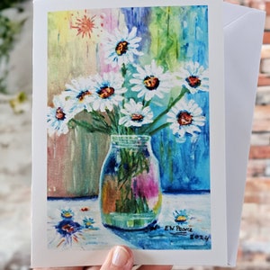 Lindo buquê de margaridas dispostas em um lindo vaso. cartão impresso a partir de uma pintura acrílica. ótimo como presente de aniversário