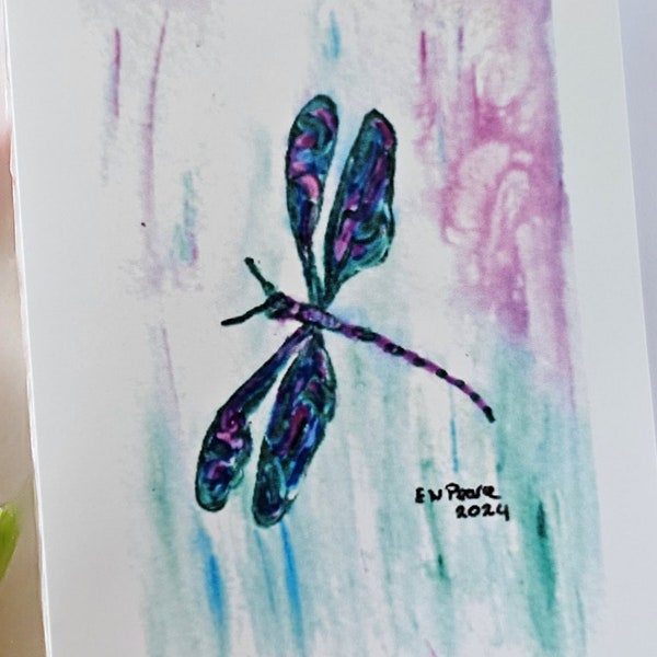 Beautiful art card printed from an original acrylic painting depicting a stunning dragonfly, great as a gift, a birthday card