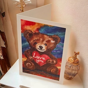 Carte imprimée avec un ours Je t'aime à partir d'une peinture acrylique, un cadeau idéal pour la fête des mères, une carte de Saint-Valentin romantique ou une carte de remerciement