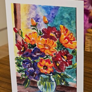 Hermosa exhibición de flores en un jarrón Tarjeta de arte en blanco de una pintura acrílica para todas las ocasiones, Día de la Madre, una tarjeta romántica de San Valentín