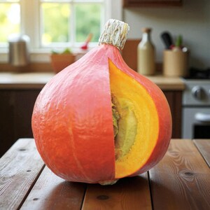 May include: A large, round, vibrant orange pumpkin with a thick, textured, light-coloured stem. A single wedge-shaped slice has been removed from the front, revealing the bright yellow-orange interior flesh and the fibrous seed cavity inside.