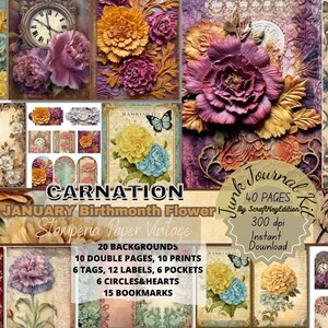 Junk Journal Suppli Digit Junkjournaling Kit Vintage Flower Pages Stamperia Digital Birth Month Printable Birthflower Birthmonth Carnation