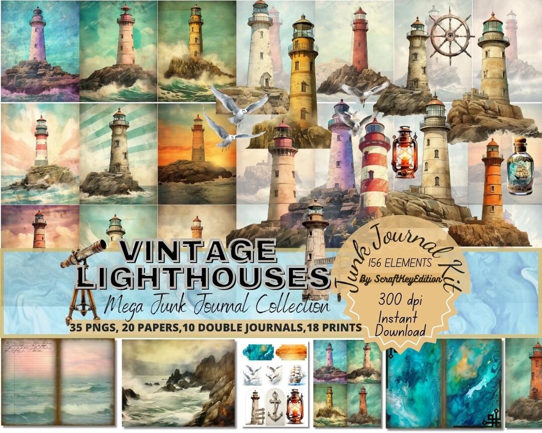 Vintage Lighthouse Junkjournaling Kit Nautical Printable Pack Seaside ...