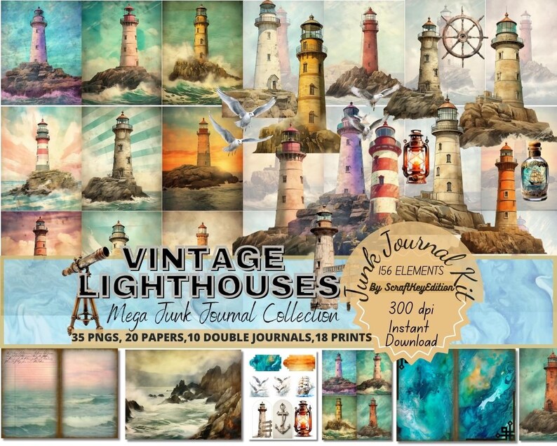 Vintage Lighthouse Junkjournaling Kit Nautical Printable Pack Seaside ...