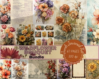 Vintage Junkjournal Flower, Wildflower Shabby Chic, Bundle Digital Download, Printful Giftful Papers, Ephemera Junkjournaling Pages Floral