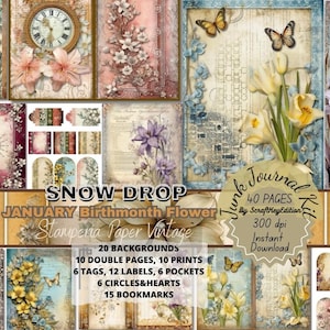 Junkjournaling Kit Vintage Flower Pages Stamperia Digital Junk Journal Suppli Digit  Birth Month Printable Birthflower Birthmonth Snow Drop
