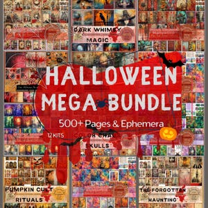 May include: A Halloween Mega Bundle with over 500 pages and ephemera. The image features various kits with titles like "Dark Whimsy Magic", "Indus Grunge Halloween", and "Pumpkin Cult Rituals". A large red banner displays the title "Halloween Mega Bundle".