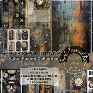 Industrial Grunge Distress Junkjournal Bundle Kit Pages in Watercolor Vintage Textures. Mixed Media Scrapbook Papers, Charcoal Black Grungy