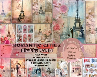 Junk Journal Love Story Printable Paris Junkjournal Pages in Watercolor French Sabby Chic. Mixed Media Scrapbook Papers Valentine Romantic