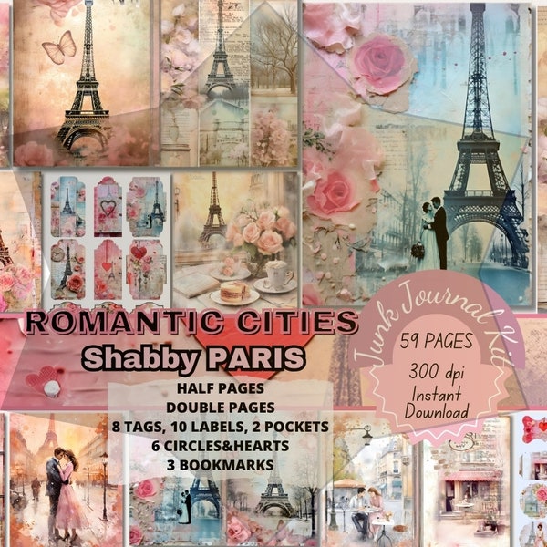 Junk Journal Love Story Printable Paris Junkjournal Pages in Watercolor French Sabby Chic. Mixed Media Scrapbook Papers Valentine Romantic