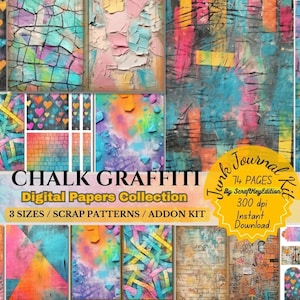 Può includere: Una collezione di carte digitali con colorati disegni graffiti a gesso. L'immagine mostra vari modelli, tra cui cuori, linee astratte e sfondi strutturati in tonalità vivaci. La collezione include 3 dimensioni, modelli di scrap e un kit aggiuntivo.