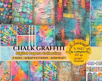 Könnte beinhalten: Eine digitale Papiersammlung mit farbenfrohen Kreide-Graffiti-Designs. Das Bild zeigt verschiedene Muster, darunter Herzen, abstrakte Linien und strukturierte Hintergründe in leuchtenden Farben. Die Sammlung umfasst 3 Größen, Scrap-Muster und ein Addon-Kit.