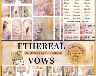 Ethereal Vows Wedding Ephemera Kit, Printable Junk Journal Addon, Tags, Labels, Pockets, Bookmarks, Scrap Patterns, Hearts & Circles