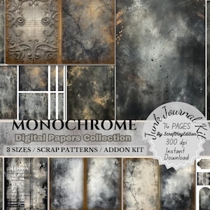 Vintage Distressed Monochrome Digital Paper Elegant Textured Black and Gray JunkJournal Pages Gothic Smoky Grunge Scrapbook Backgrounds
