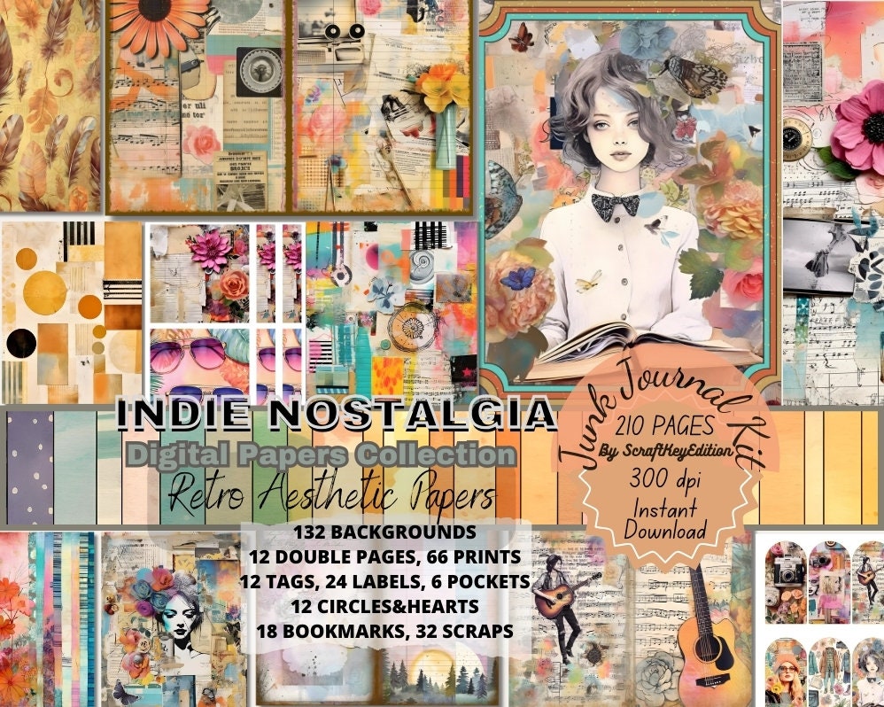 Junk Journal Digit Bundle Pages Indie Aesthetics Watercolor Background Textures Mixed Media Printable Scrapbook Textured Retro Indie Decor