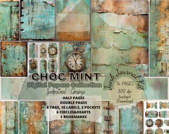 Industrial Grunge Distress Junkjournal Bundle Kit Pages in Watercolor Vintage Textures. Mixed Media Supply Scrapbook Papers,Choc Mint Grungy