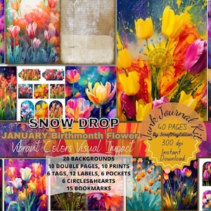 Junk Journal Suppli Digit Colourful Flowers Digital Birth Month Printable Birthflower Junkjournaling Flower Kit Pages Birthmonth Snow Drop