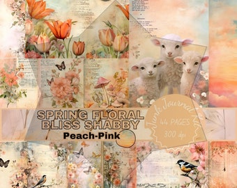 May include: A digital collage kit with 44 pages of vintage-inspired designs. The kit features peach and pink floral patterns, birds, lambs, and musical notes. The text "Junk Journal Kit" and "Spring Floral Bliss Shabby Peach-Pink" is visible on the collage sheet.