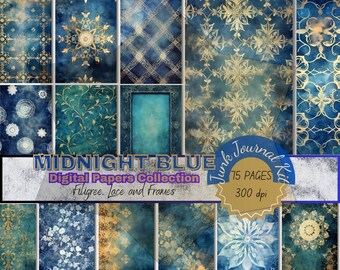 75 Midnight Blue Digital Papers in Watercolor Vintage Textures. Mixed Media Scrapbook Pages, Embellishments, Lace Patterns for Junk Journal