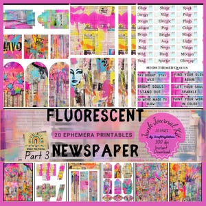 Fluorescent Newspaper Junk Journal Kit – Neon Printable Ephemera Pack, Bright Grunge Scrapbook Tags, Labels, Pockets, Bookmarks & Add-On Set