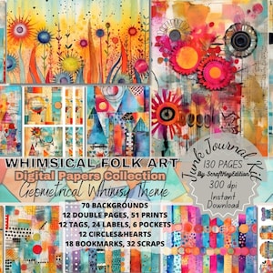 Junkjournal Digit Kit Printable Pages Junk Journal Bundle Whimsical Folk Art in Watercolor Background Textures Mixed Media Scrapbook Papers