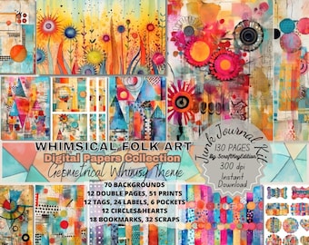 Junkjournal Digit Kit Printable Pages Junk Journal Bundle Whimsical Folk Art in Watercolor Background Textures Mixed Media Scrapbook Papers