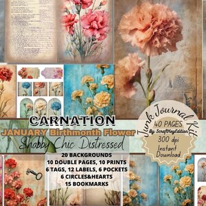 Junk Journal Suppli Digit Junkjournaling Flower Kit Pages Shabby Vintage Kit Digital Birth Month Printable Birthflower Birthmonth Carnation