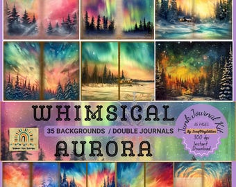 Whimsy Aurora Christmas Junk Journal Kit, Colorful Painterly Holiday Digital Paper Pack with Abstract Winter Ephemera Northern Lights Vibes