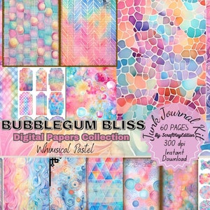 Junk Journal Digit Kit Bundle Pages Whimsical Pastel Watercolor Background Textures Mixed Media Printable Scrapbook Bubblegum Bliss Colorful