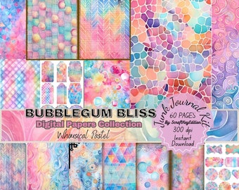 Junk Journal Kit Bundle Pages Whimsical Pastel in Watercolor Background Textures. Mixed Media Printable Scrapbook, Bubblegum Bliss Colorful