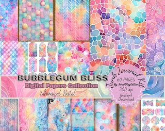 Junk Journal Digit Kit Bundle Pages Whimsical Pastel Watercolor Background Textures Mixed Media Printable Scrapbook Bubblegum Bliss Colorful