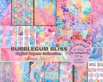 Junk Journal Kit Bundle Pages Whimsical Pastel in Watercolor Background Textures. Mixed Media Printable Scrapbook, Bubblegum Bliss Colorful