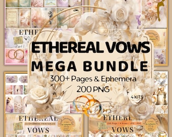 Ethereal Vows Wedding Junk Journal Mega Bundle, 300+ Printable Pages & 200 PNG Clipart, Romantic Vintage Scrapbook, Wedding Stationery Kit