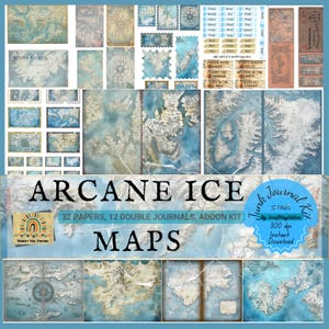 Può includere: Una collezione di mappe e pagine di diario in stile vintage nei toni del blu, beige e marrone. L'immagine include vari disegni di mappe, francobolli e pagine di diario. Il testo sull'immagine recita "Arcane Ice Maps" e "Junk Journal Kit".