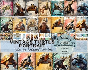 Vintage Distressed Junkjournal Retro Collage Kit Turtle Portrait. Mixed Media Scrapbook Supply Grunge Backgrounds Animal Vintage Era