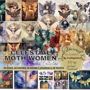 Junkjournaling Kit Celestial Moth Women Printable Mystical JunkJournal Fantasy Art Pack Digital Ephemera Galaxy PNG Clipart & Backgrounds