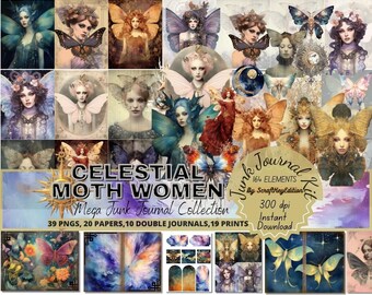 Junkjournaling Kit Celestial Moth Women Printable Mystical JunkJournal Fantasy Art Pack Digital Ephemera Galaxy PNG Clipart & Backgrounds