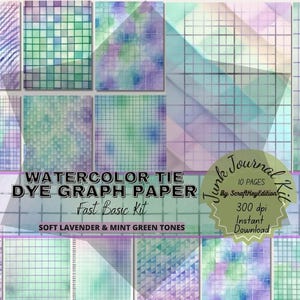 May include: Watercolor tie dye graph paper digital download in soft lavender and mint green tones. Junk Journal Kit, 10 pages, 300 dpi, instant download.